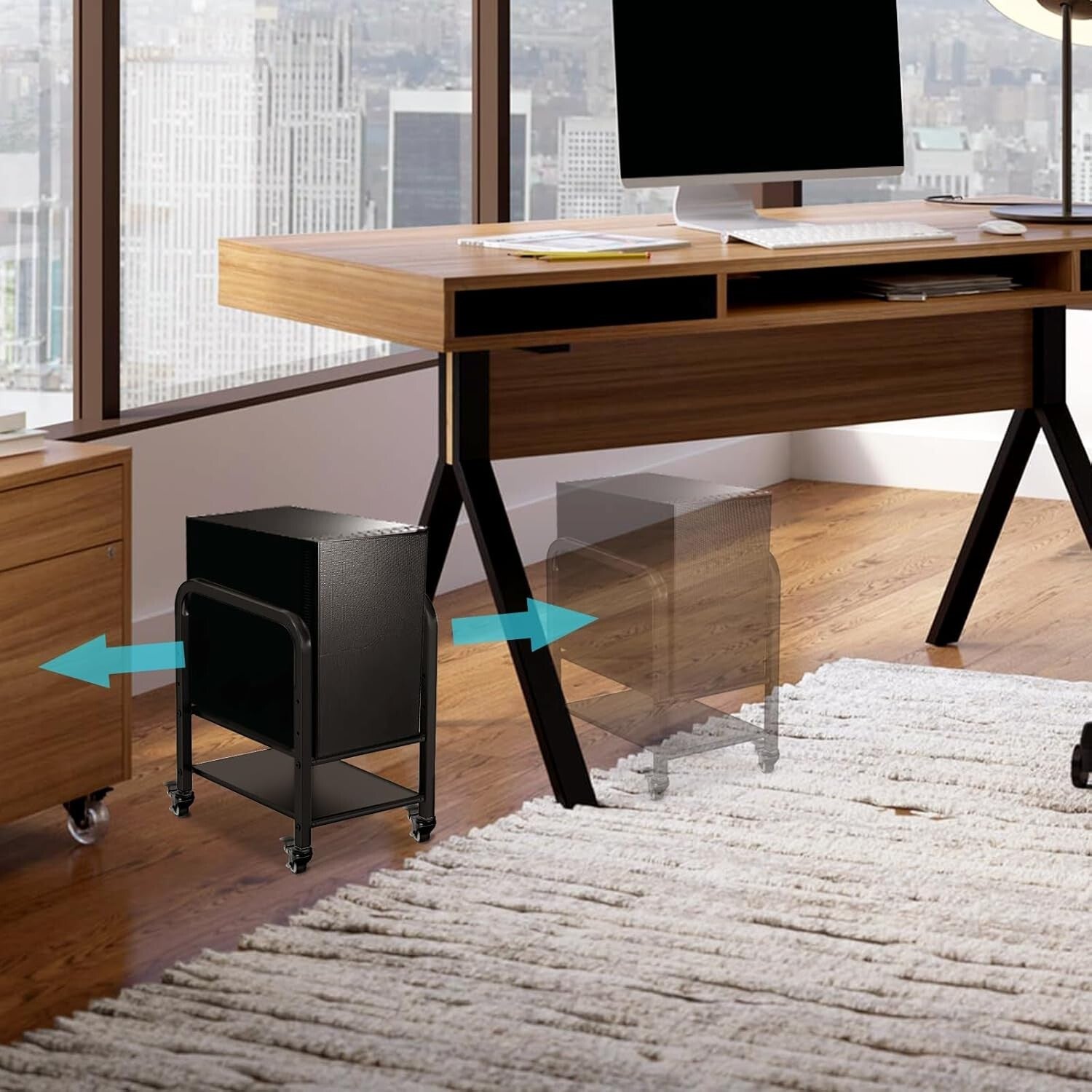 Efficient Computer Case Stand with 2-Tier Design and Mobile Caster Wheels