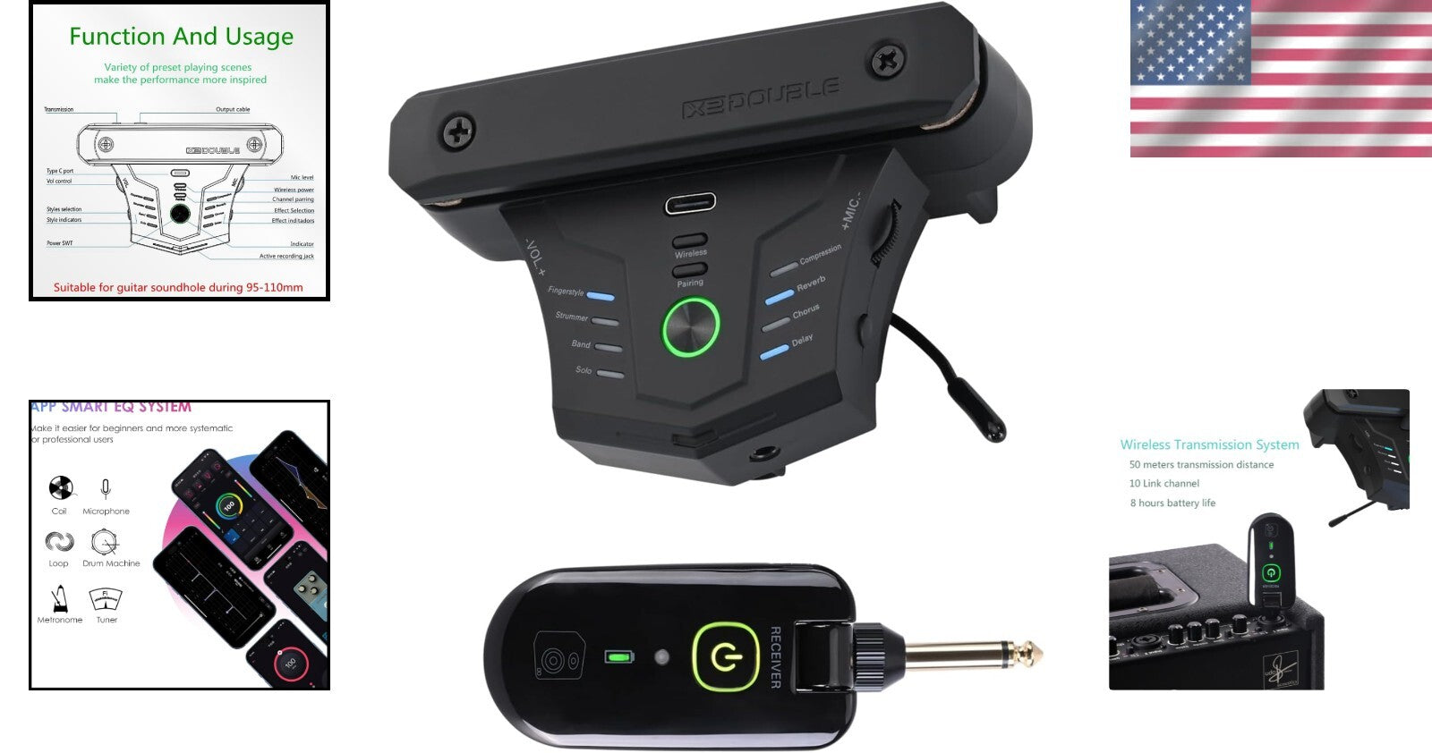 Compact Acoustic Guitar Resonance Pickup with Wireless & Wired Options - Black