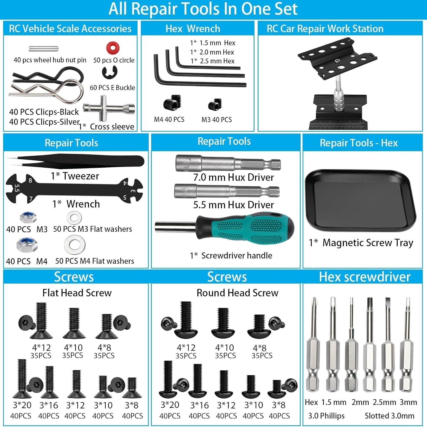 Efficient RC Car Repair Toolkit: Work Stand, 1100 Screws & 6 Tools Included
