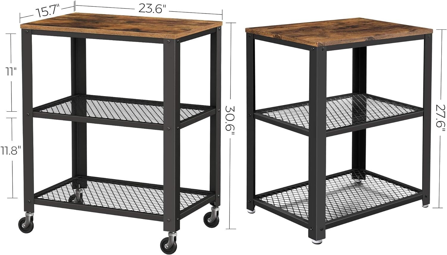 BRYCE 3-Tier Kitchen Utility Cart on Wheels - Rustic Brown and Black Elegance