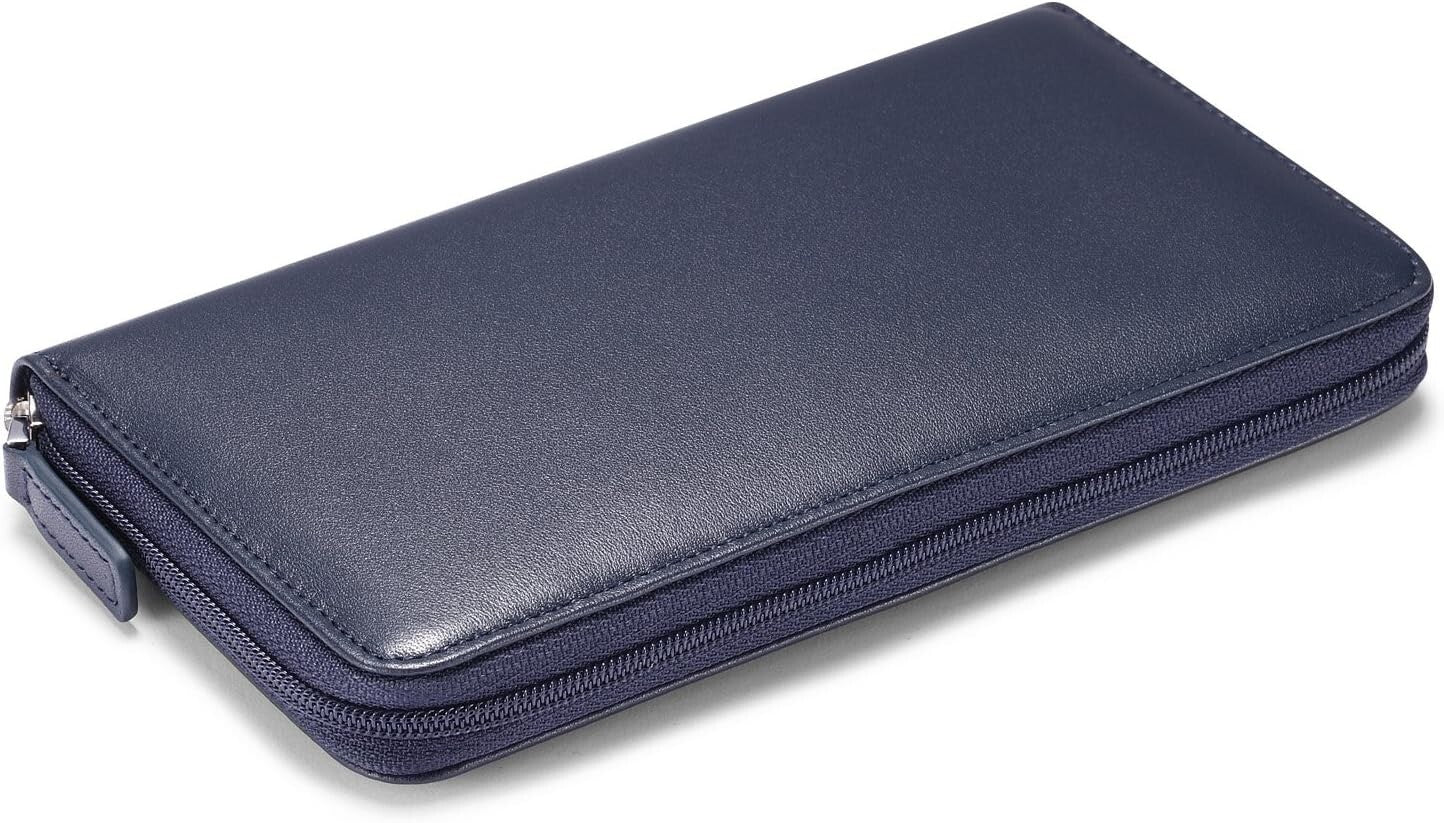 Italian Calfskin Zippered Checkbook Cover with Divider & Card Slots - Dark Blue