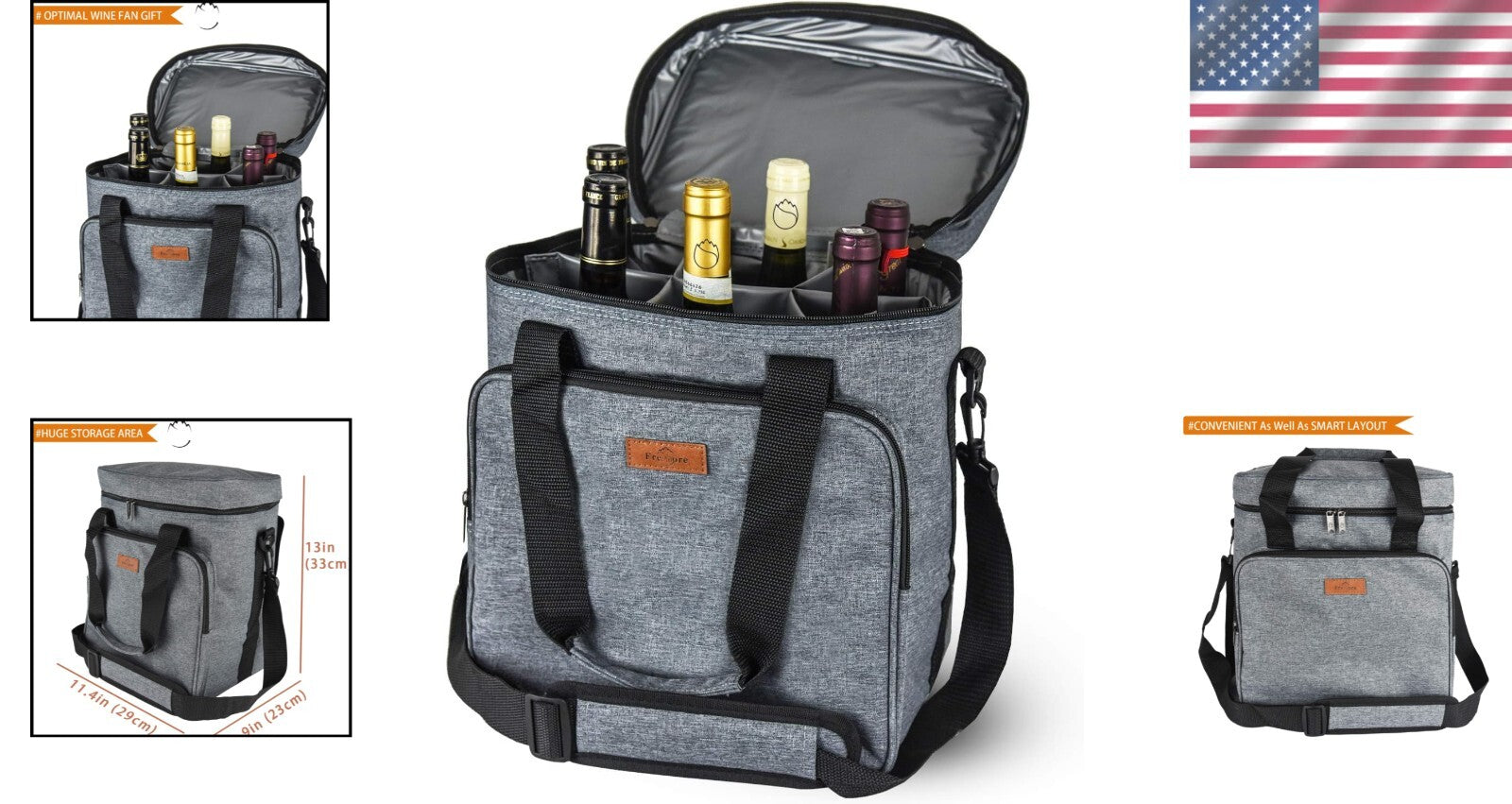 Durable Grey Wine Bag for 6 Bottles with Thermal Protection & Organizer