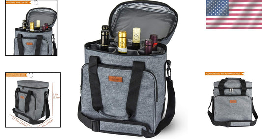 Durable Grey Wine Bag for 6 Bottles with Thermal Protection & Organizer