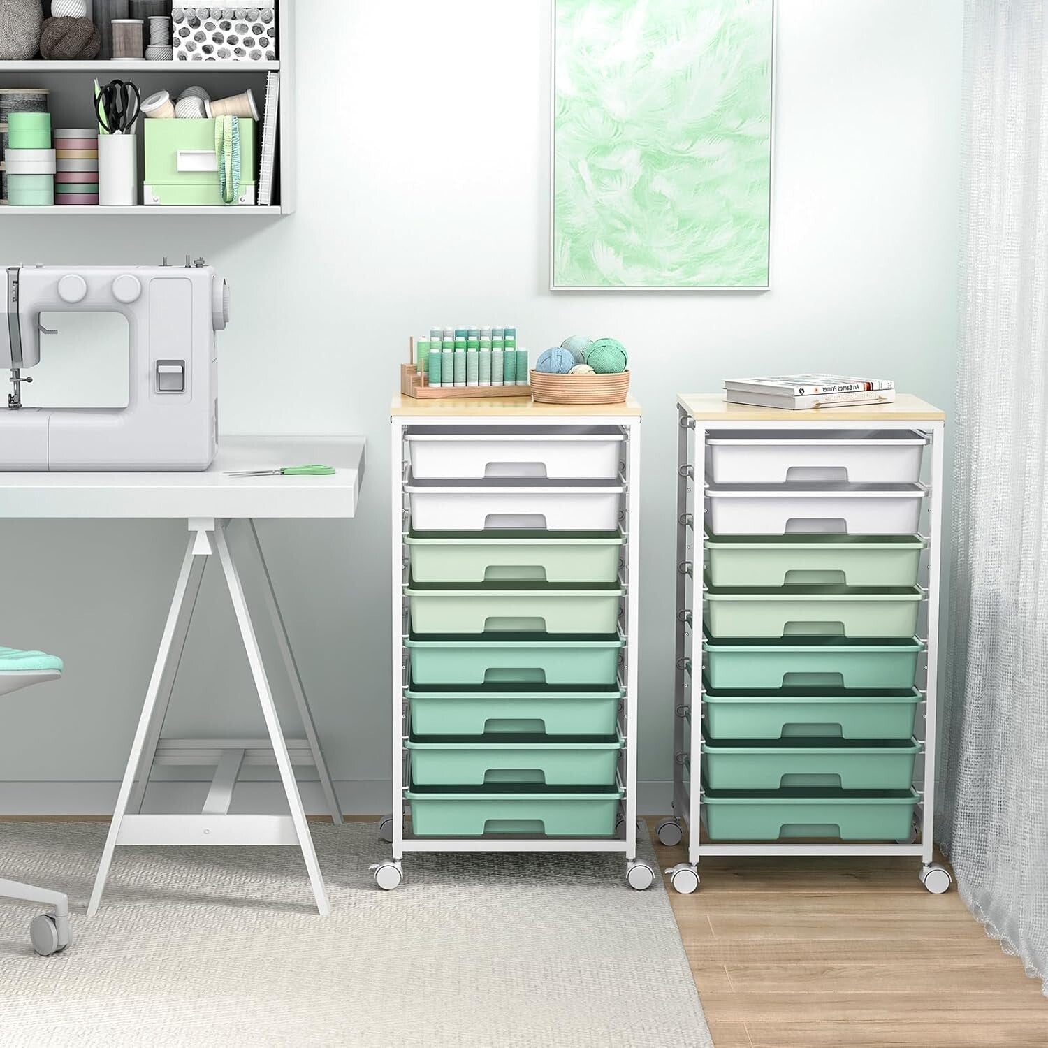 Compact 8-Drawer Organizer Cart with Wooden Top for Living Room & Office