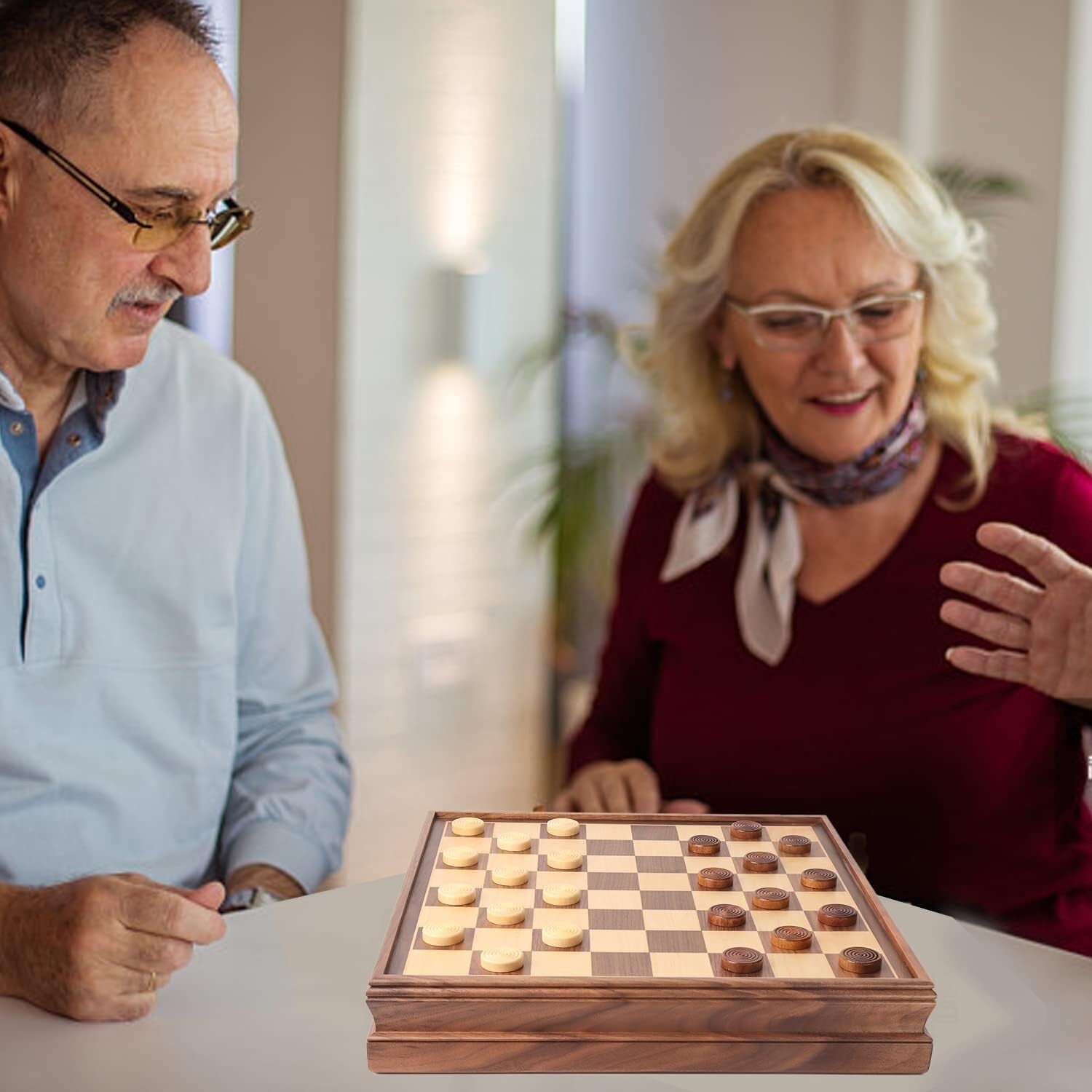 Elegant 15-Inch 2-in-1 Chess & Checkers Board Game Set with Storage Drawer