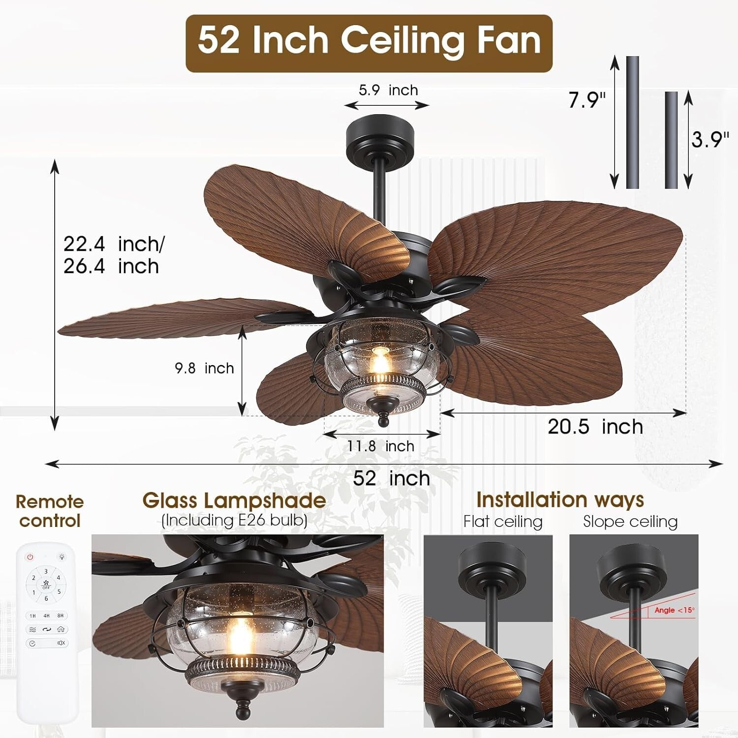 Remote Control 52 Inch Tropical Ceiling Fan with LED Light for Indoor/Outdoor