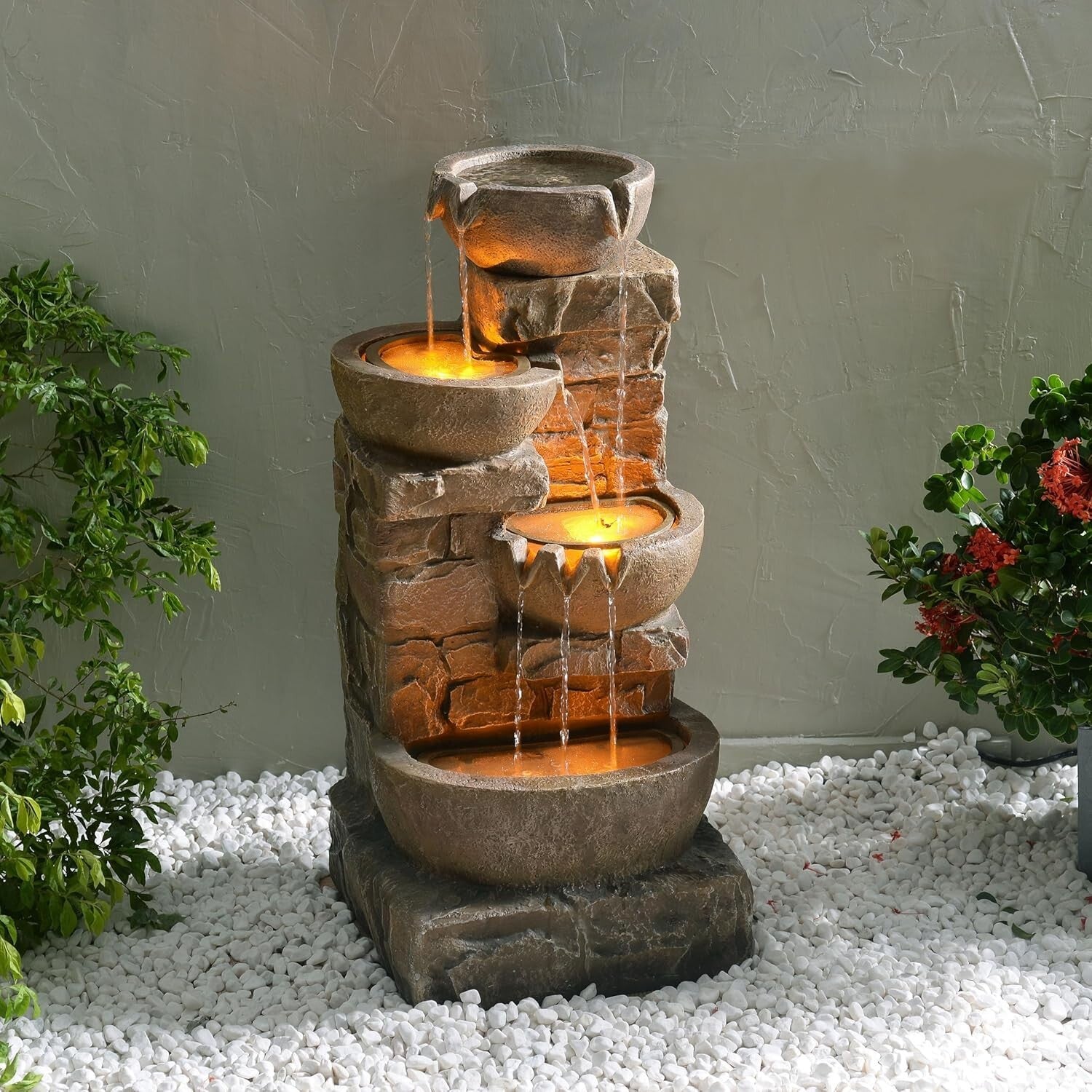 5.51-Gallon Cascading Bowls Garden Fountain with LED Lights - Relaxing Ambiance