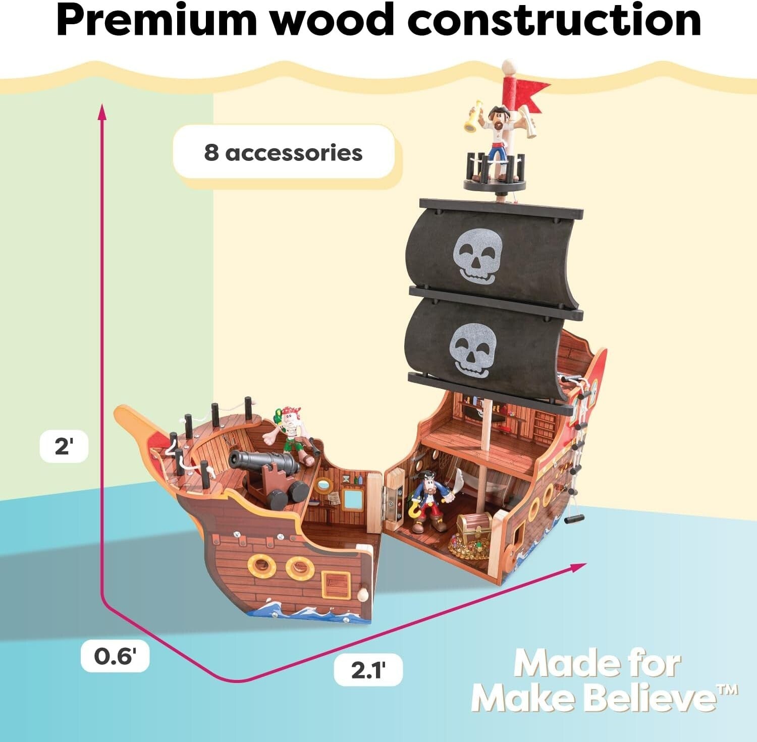 3-Level Wooden Pirate Ship Play Set with Realistic Lights & Sounds for Kids