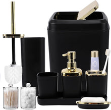Load image into Gallery viewer, Modern Black and Gold Bathroom Accessory Set with Trash Can &amp; Toothbrush Holder