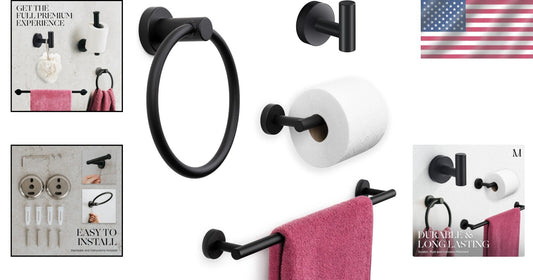 Effortless Wall-Mounted Bathroom Accessory Set - 4-Piece Matte Black Collection