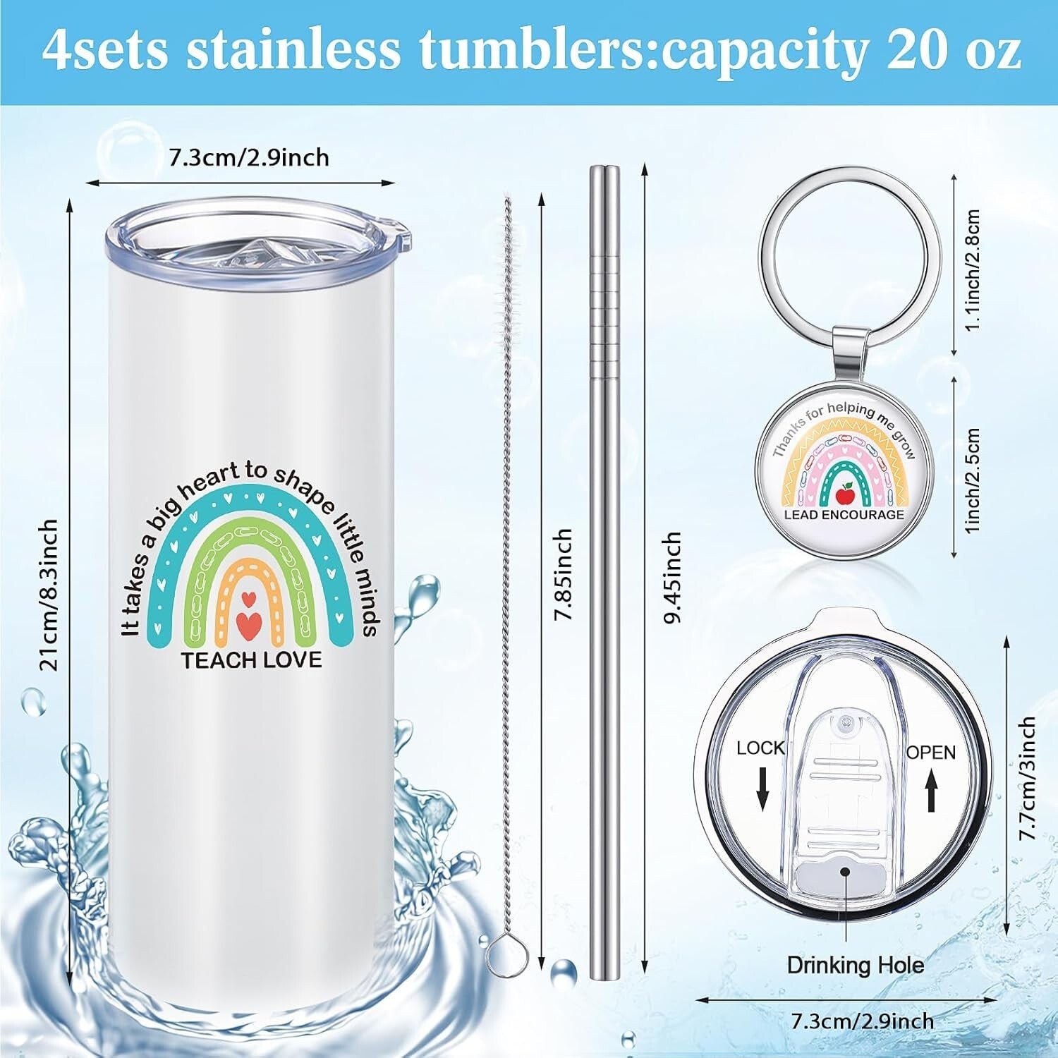 Elegant Insulated Teacher Travel Mugs & Keychains - Set of 4 in Rainbow Style