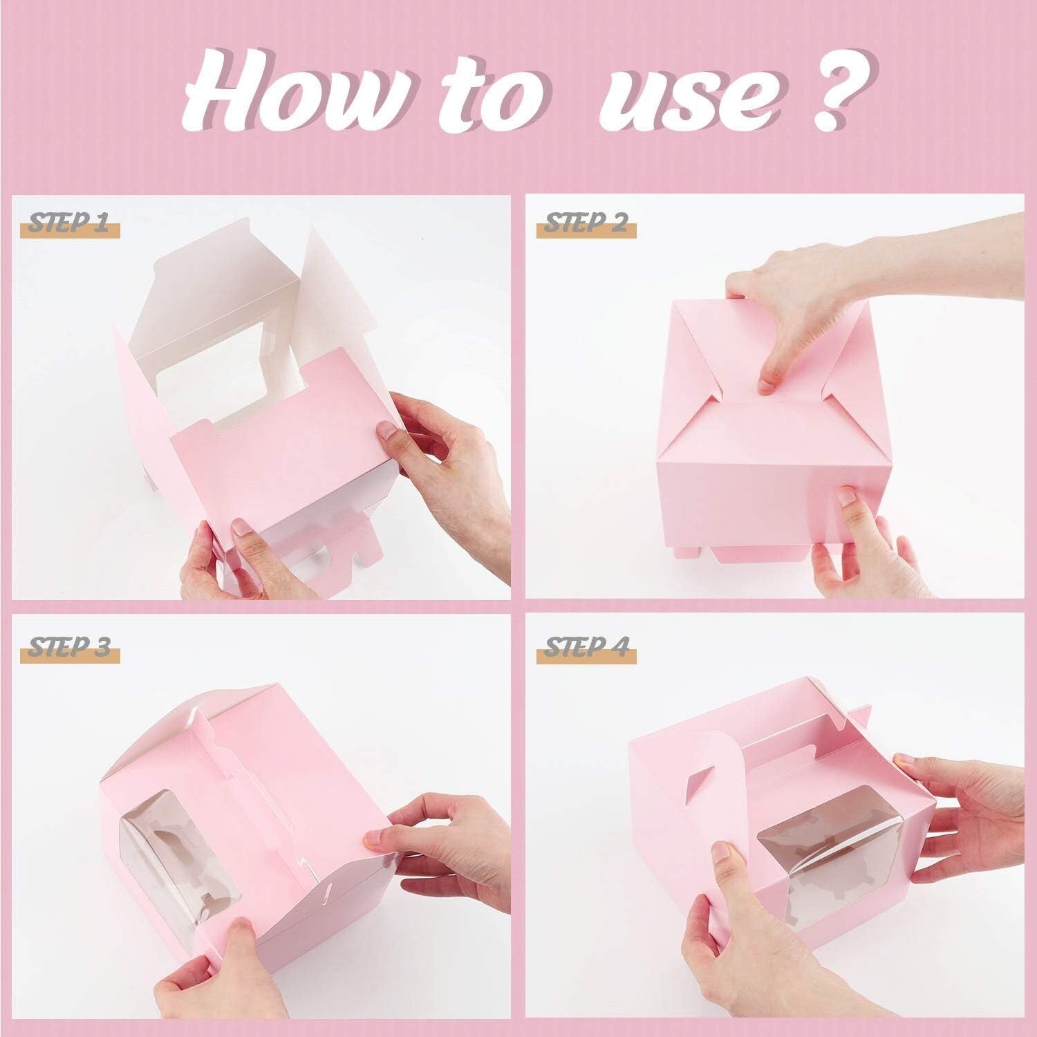 Elegant Pink Cupcake Boxes - 50 Pack with Inserts & Display Window, 5.9" x 5.9"