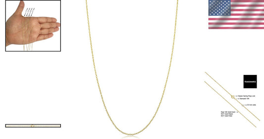 10k Yellow Gold Lightweight Rope Chain Necklace - 16 Inches, Tarnish Proof