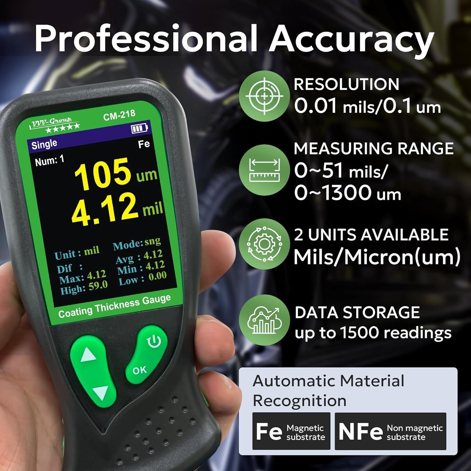 Digital Coating Thickness Gauge - Precision Paint Depth Meter with USB Recharge