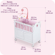 Load image into Gallery viewer, Heirloom Wooden Doll Bed with Storage &amp; Musical Mobile, Personalized Kit - 22in