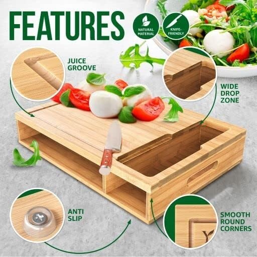 Space-Saving Bamboo Cutting Board & Drawer Set - Perfect for Hosting and Gifting
