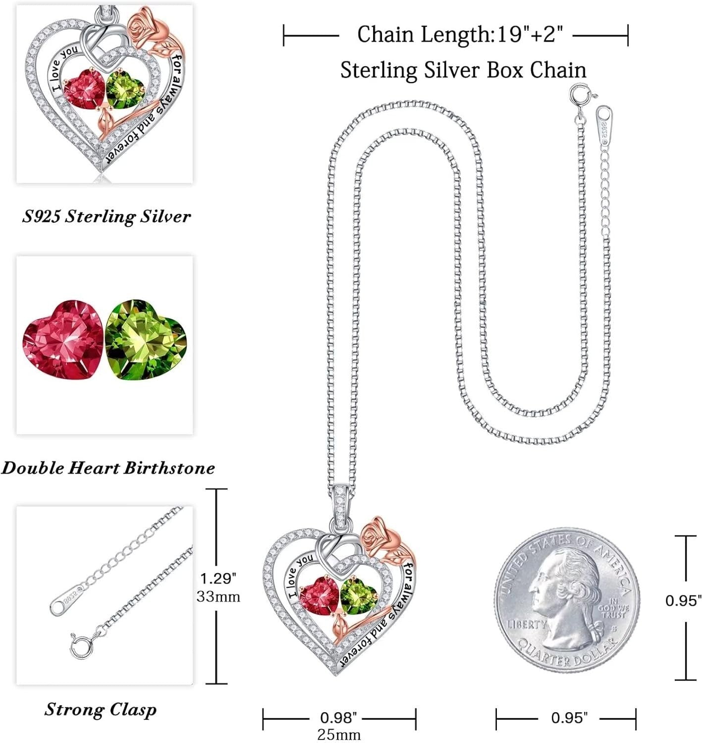 Engraved Heart Pendant Necklace with Dual Birthstones – Unique Gift for Women
