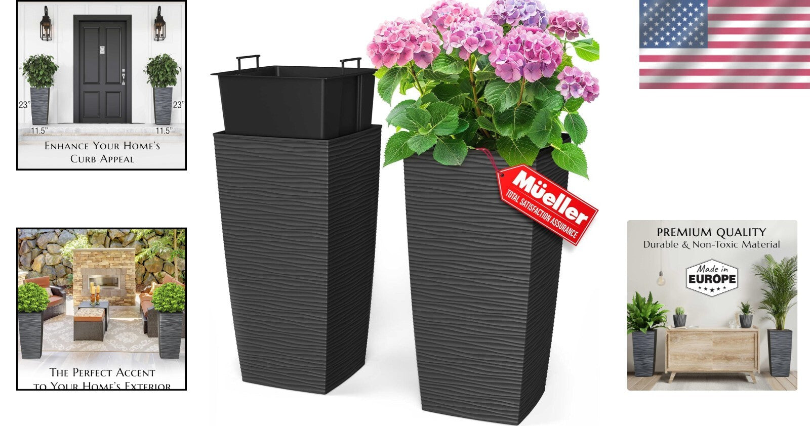 2-Piece Set 24” Square Planters in Dark Gray - Weather Resistant and Lightweight