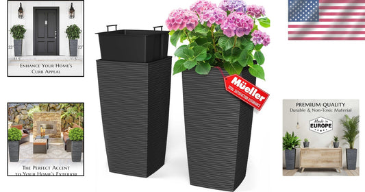 2-Piece Set 24” Square Planters in Dark Gray - Weather Resistant and Lightweight