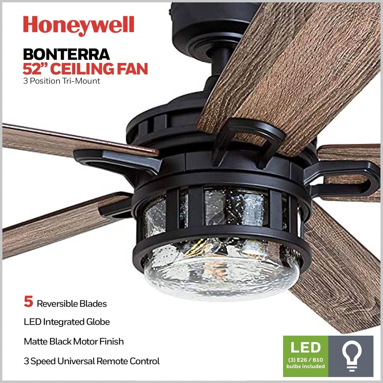 Stylish 52 Inch Ceiling Fan with LED Light - Matte Black & Brown Pine Finishes
