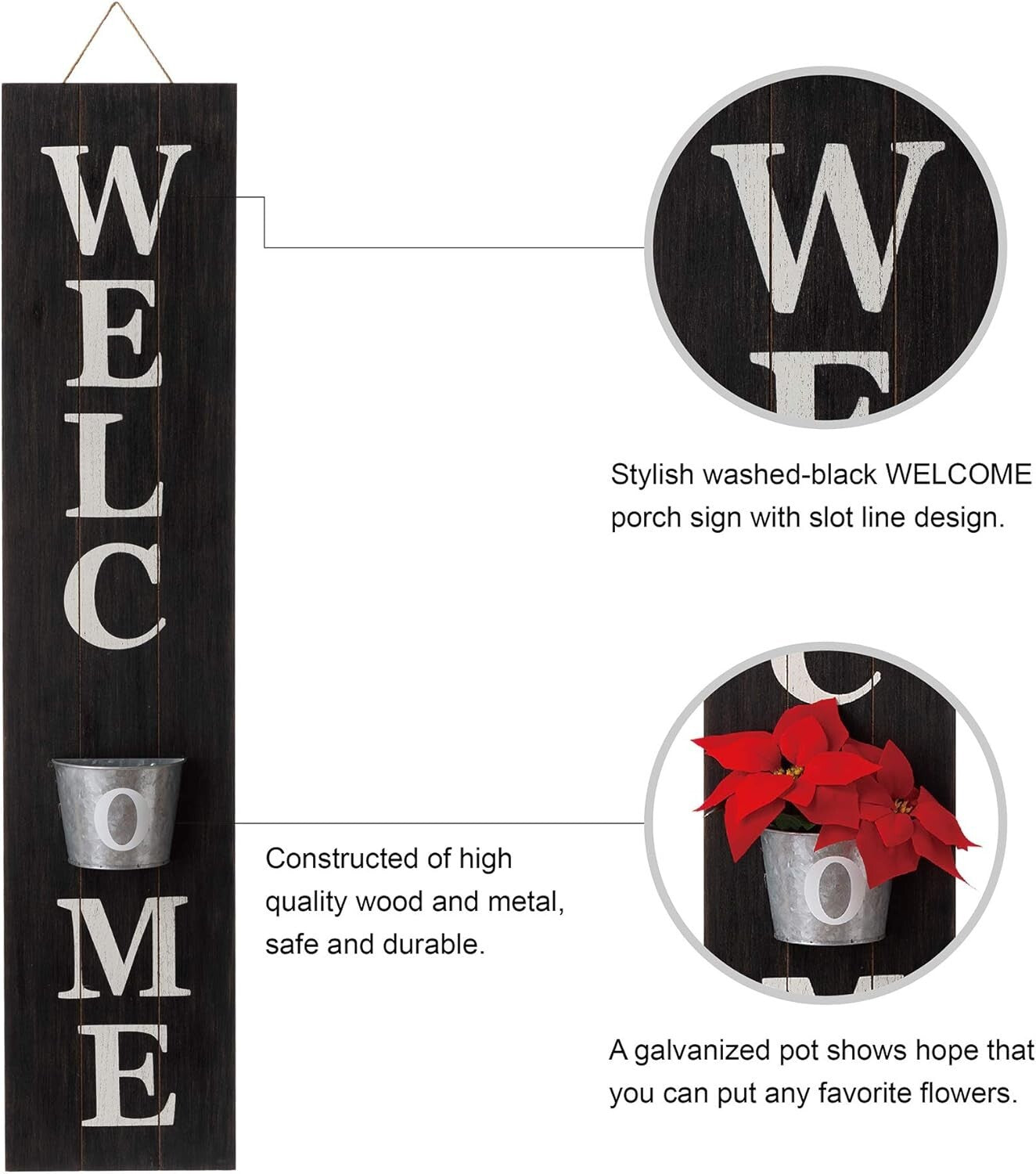 Elegant Vertical Farmhouse Welcome Sign with Black Hanging Planter Decoration