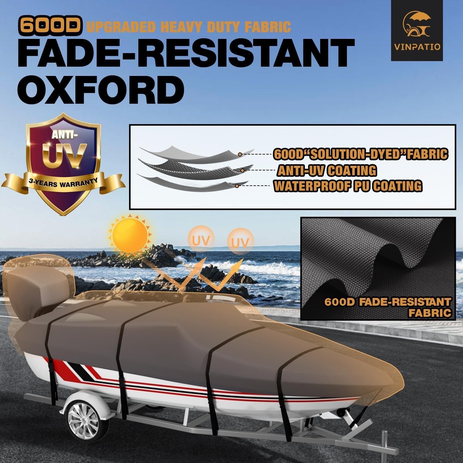 Durable Water-Resistant Boat Cover for 24-26 ft V-Hull Boats - 3 Year Warranty