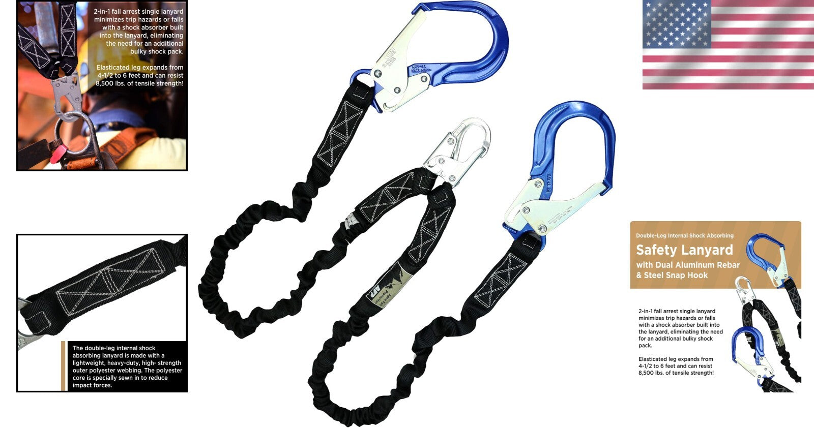 Durable Double Leg Safety Lanyard with Shock Absorption - 8500 lbs Load Capacity
