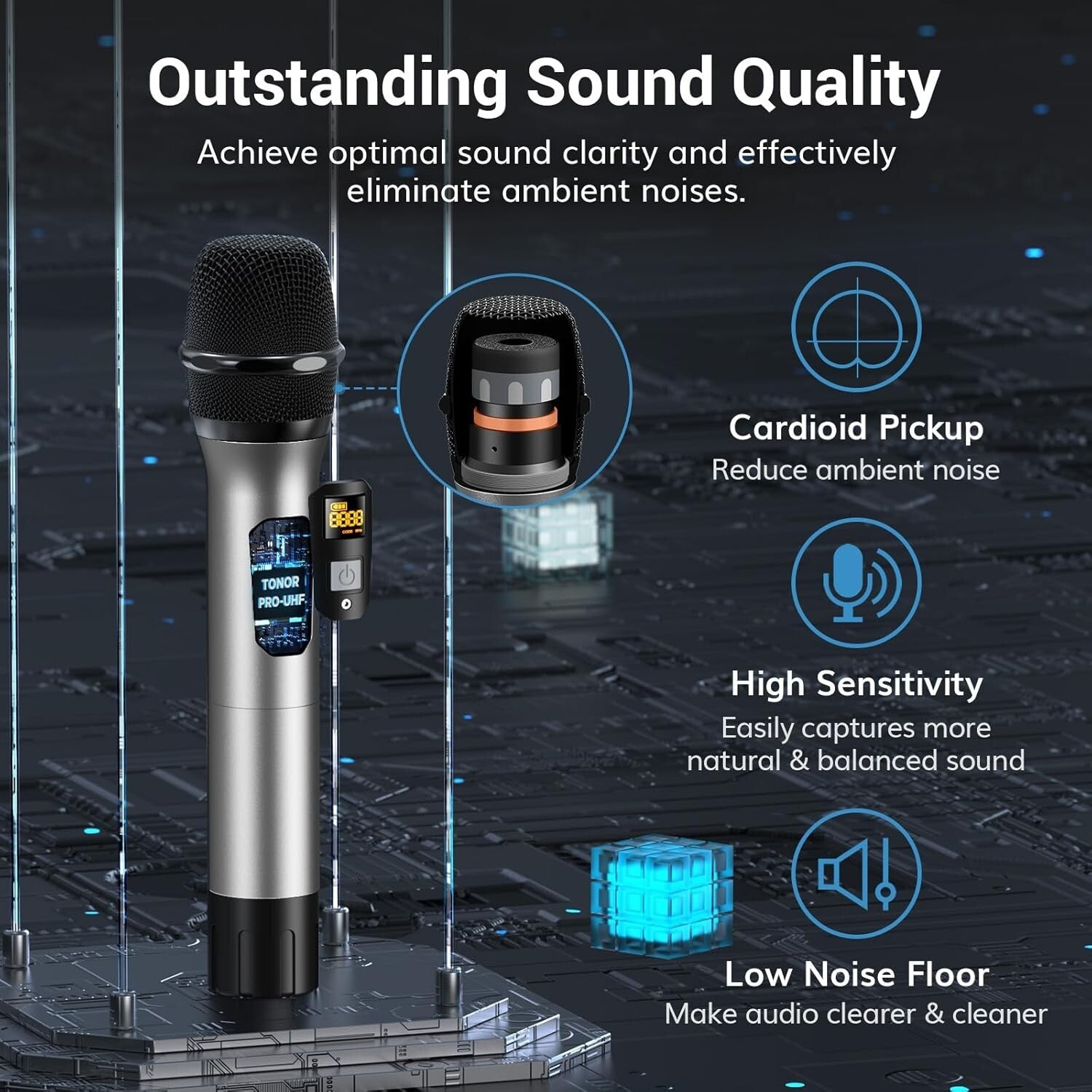 Durable UHF Wireless Mic System - 12 Channels, 8 Handheld Mics, Mute Function