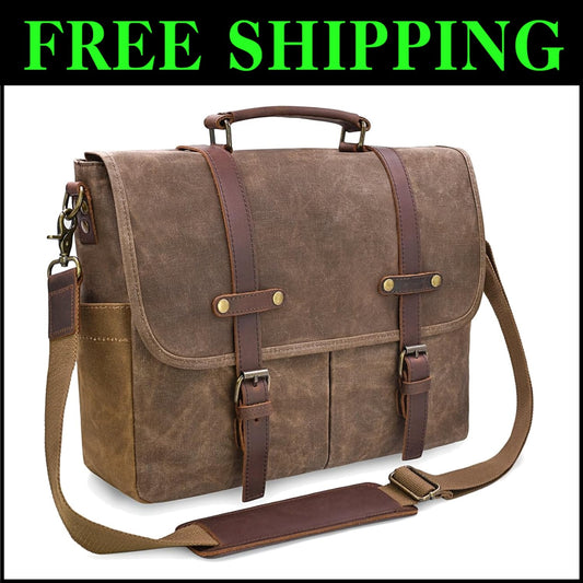 Classic Brown Leather & Canvas Messenger Bag for Work and Travel - 15.6'' Fit