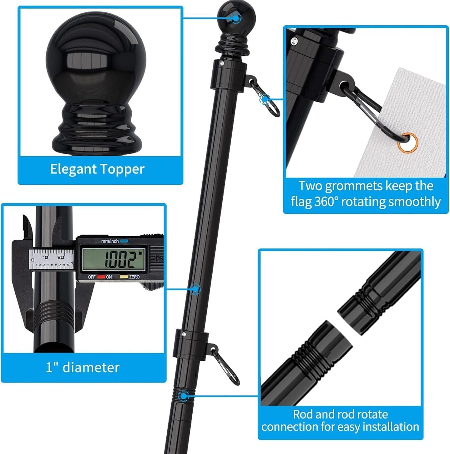 Dual-Flag Pole Set - 6 FT Adjustable Stainless Steel with Tangle-Free Design