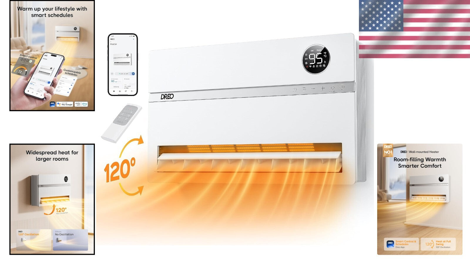 1500W Wall-Mounted Heater with 120° Oscillation & Adjustable Thermostat - WH719S