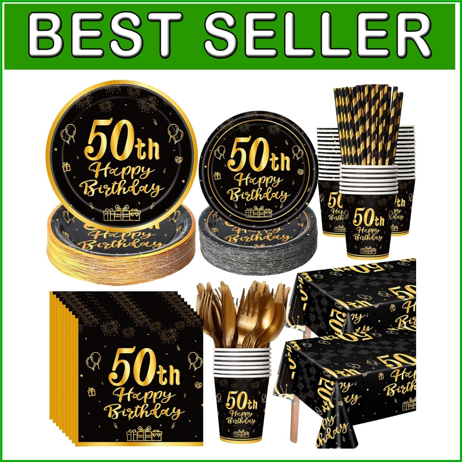 452 Pcs Elegant Black and Gold 50th Birthday Party Set - Plates, Cups & Decor