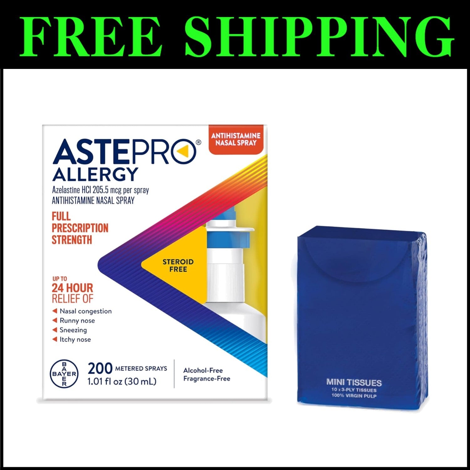 Non-Steroid Nasal Spray for Allergies - 200 Sprays + Soft Tissues Included