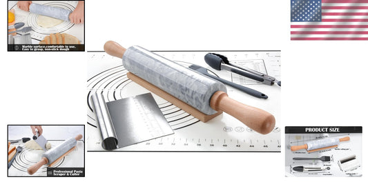 18.5-Inch Polished Marble Rolling Pin Set: Pastry Mat, Brush, & Tongs Included