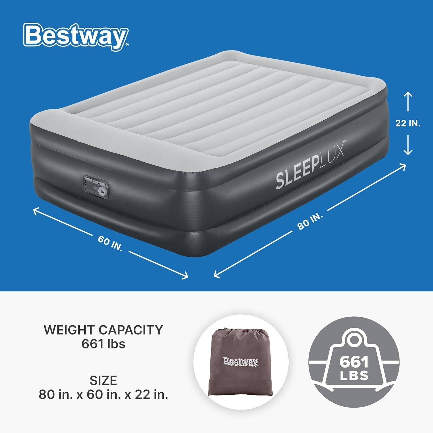 Durable Queen Air Mattress with Integrated Pillow & Fast-Inflate Pump - 661 lbs