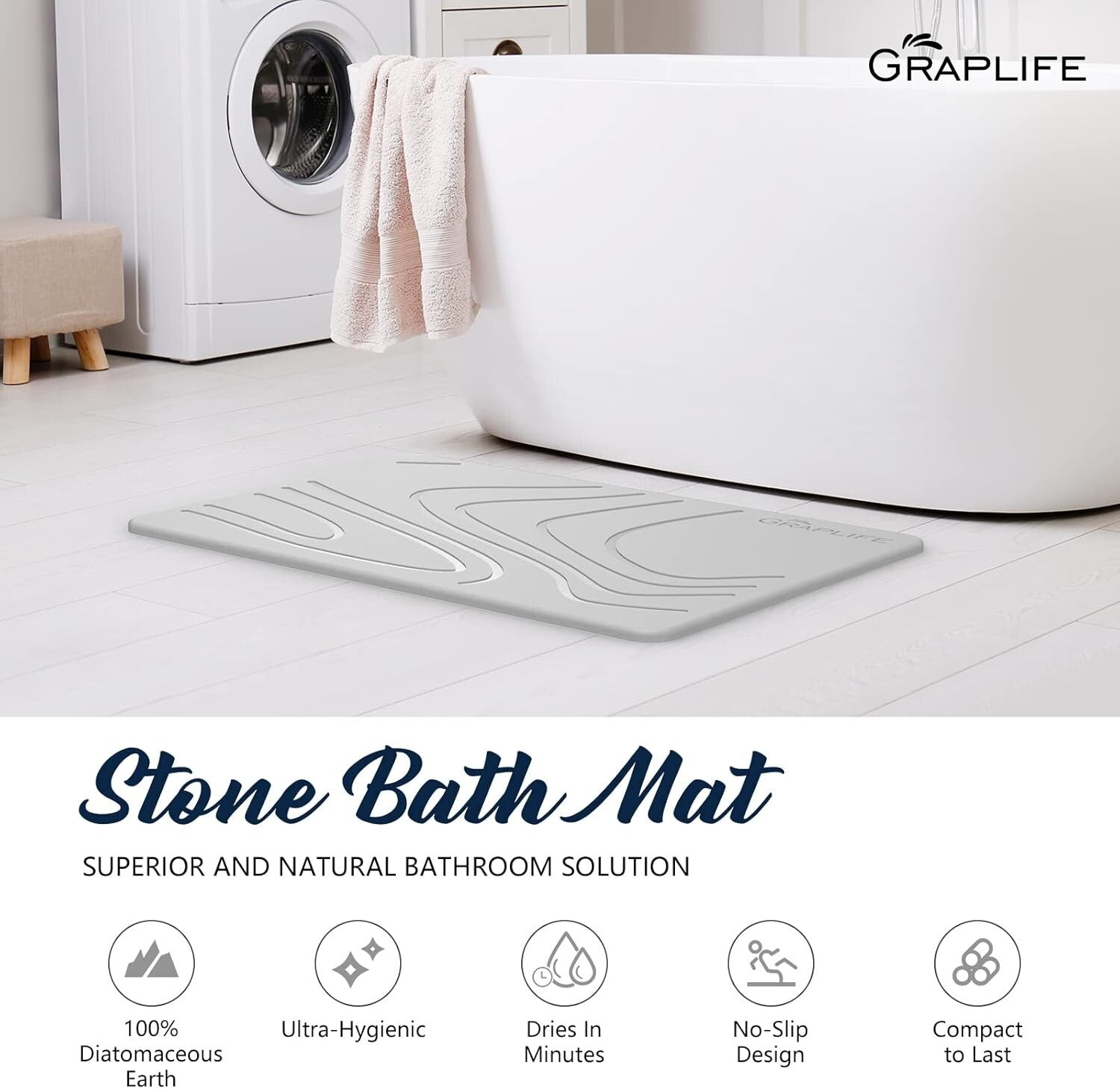 Diatomaceous Earth Quick-Dry Bath Mat - Stylish Non-Slip Shower Rug 1'3" x 1'11"