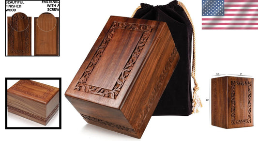 Intricate Engraved Rosewood Urn for Ashes - Memorial for Adults with Velvet Bag