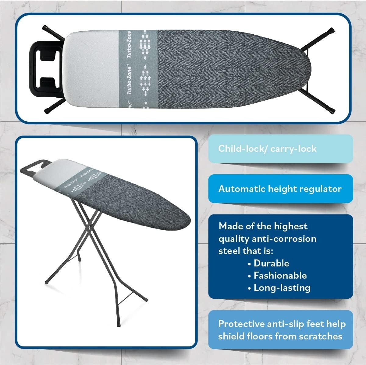 Elegant Ironing Board with Heavy-Duty Legs & Patented Features for Quick Ironing