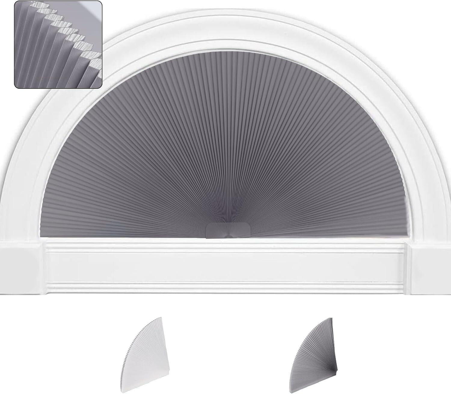 Customizable Dark Gray Blackout Shades for Arch Windows, 36" Radius, Cordless