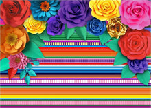 Load image into Gallery viewer, Fiesta Themed Party Backdrop - 10'x8' Mexican Striped Decor with Paper Flowers