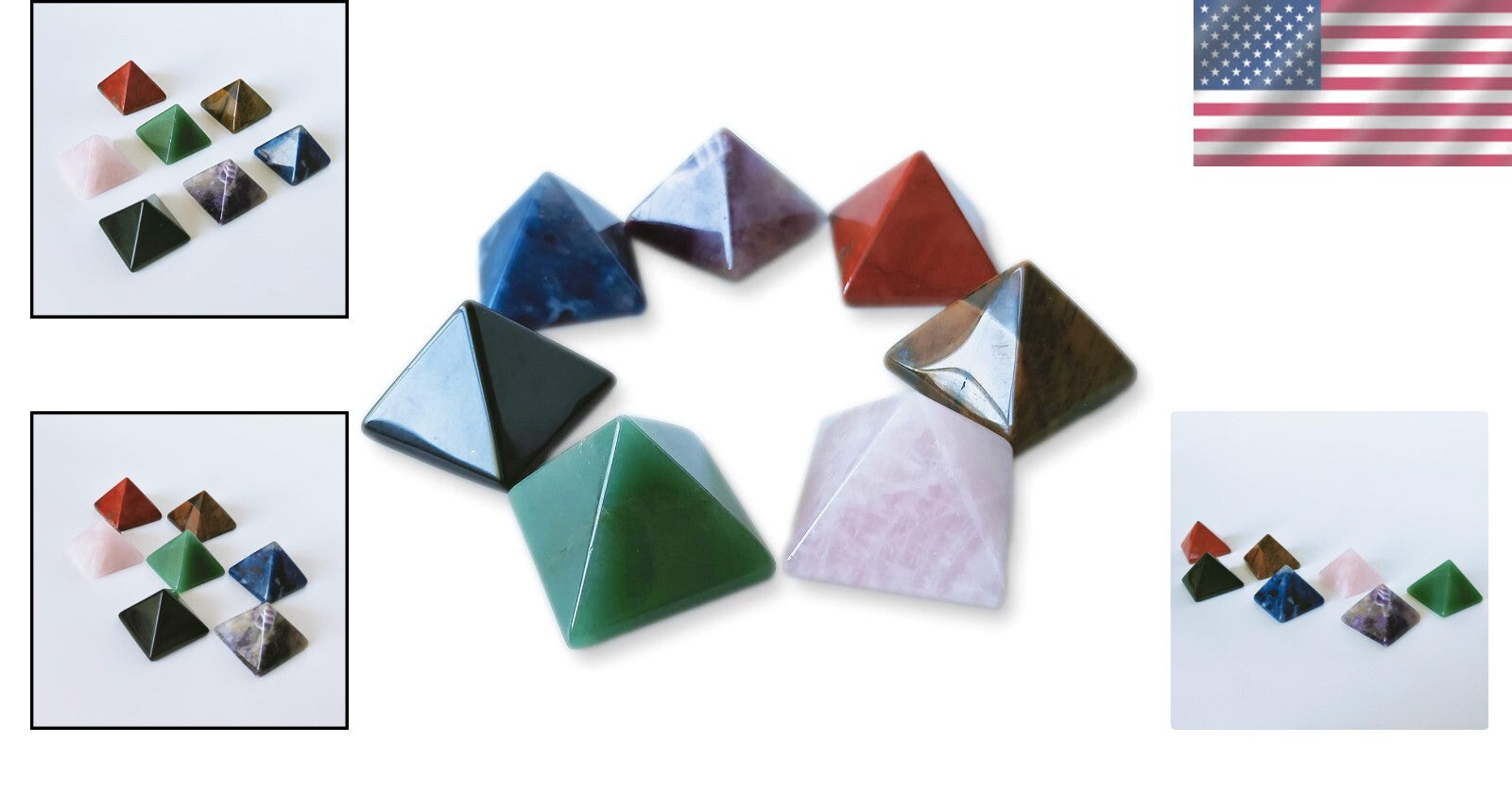 Natural Chakra Healing Crystal Pyramids Set - Seven Handcrafted Pieces - 1.5 in