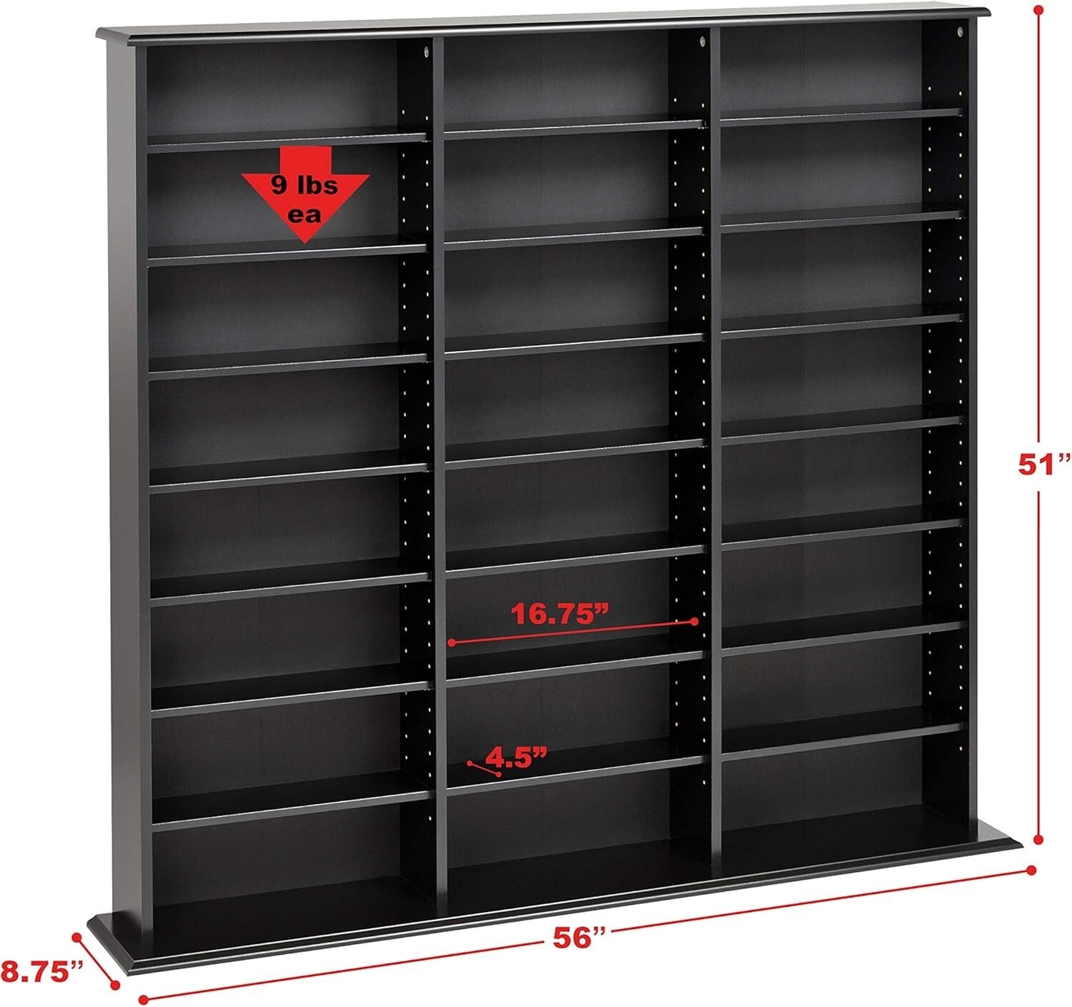 Library Style Triple Width Storage Cabinet - Adjustable Media Organizer in Black