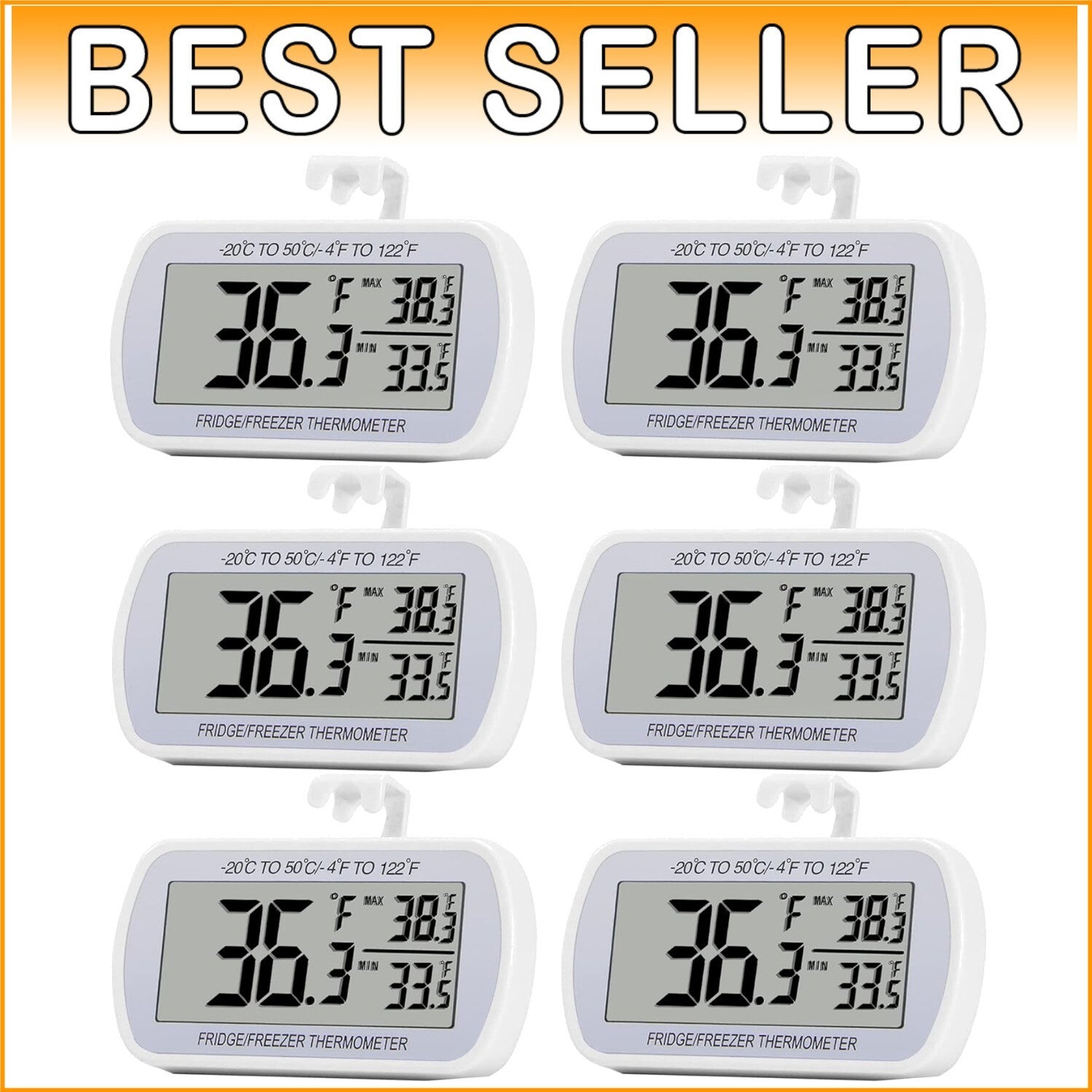 Environmentally Friendly Digital Refrigerator Thermometers - 6 Pack Waterproof