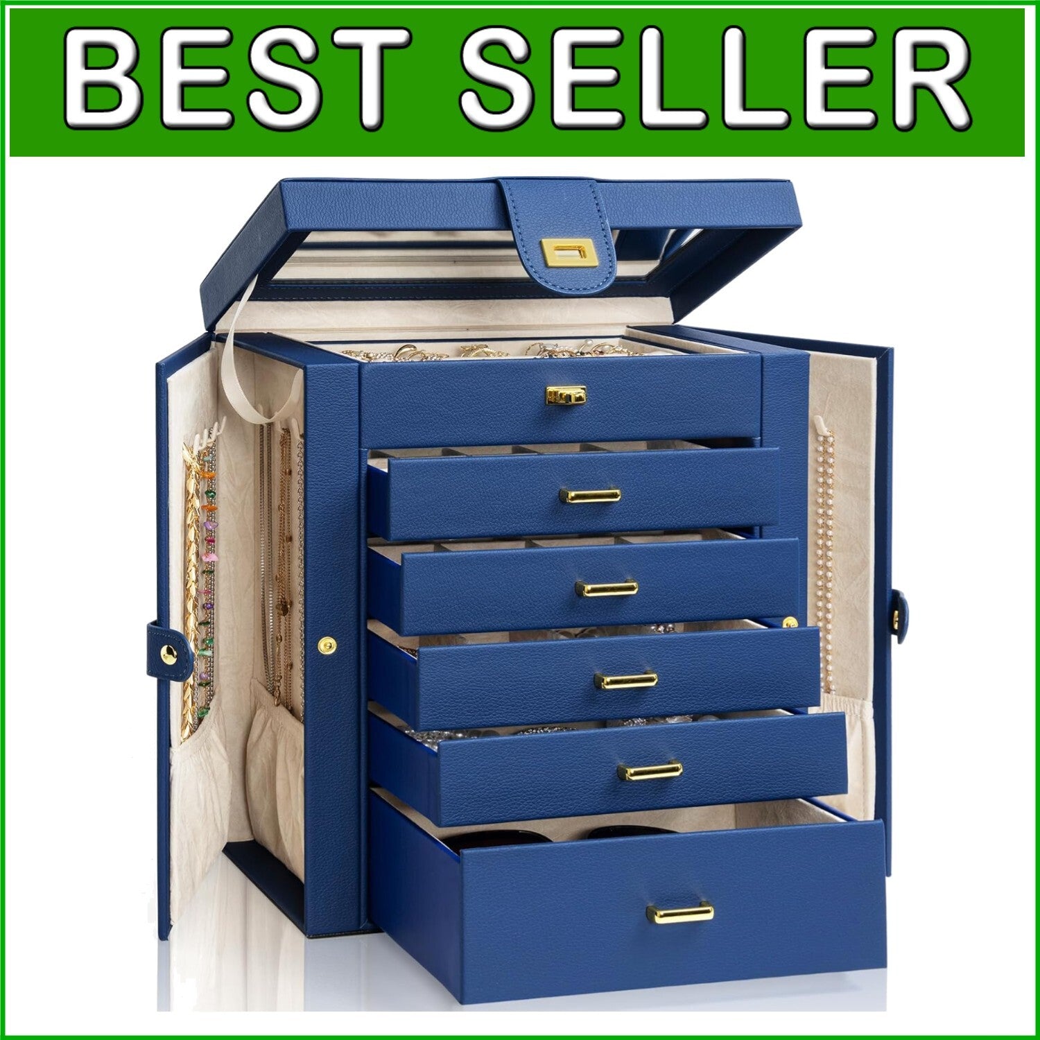 Elegant Lockable Jewelry Organizer with Large Mirror & 6 Drawer Storage - Blue
