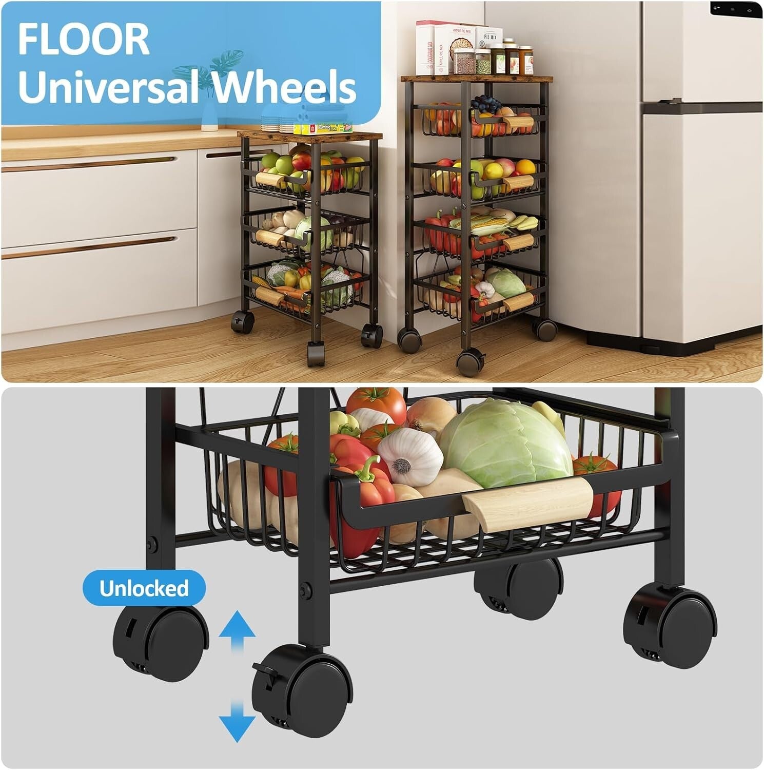 Rolling Vegetable Storage Cart with Wooden Top - 4 Tier Organization for Kitchen