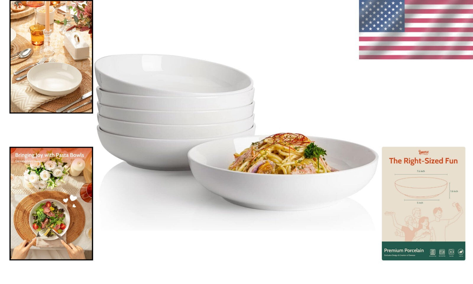 7.6 Inch Stackable White Salad Bowls - Microwave & Dishwasher Safe Set of 6