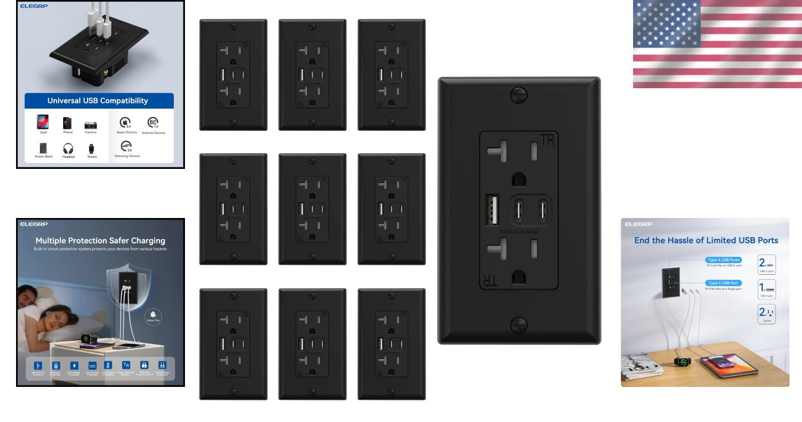 Durable 20A Wall Outlet with 3 USB Ports for Efficient Charging - 10 Pack