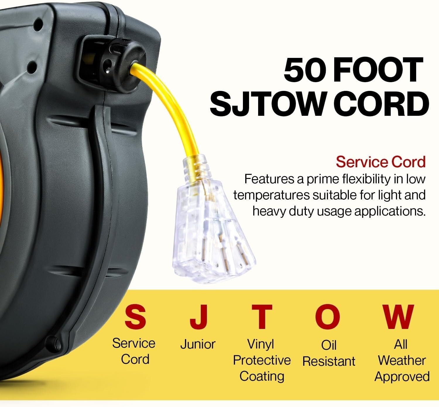 Premium 12AWG x 50ft Extension Cord with Glow Strip & Slow Retraction Technology