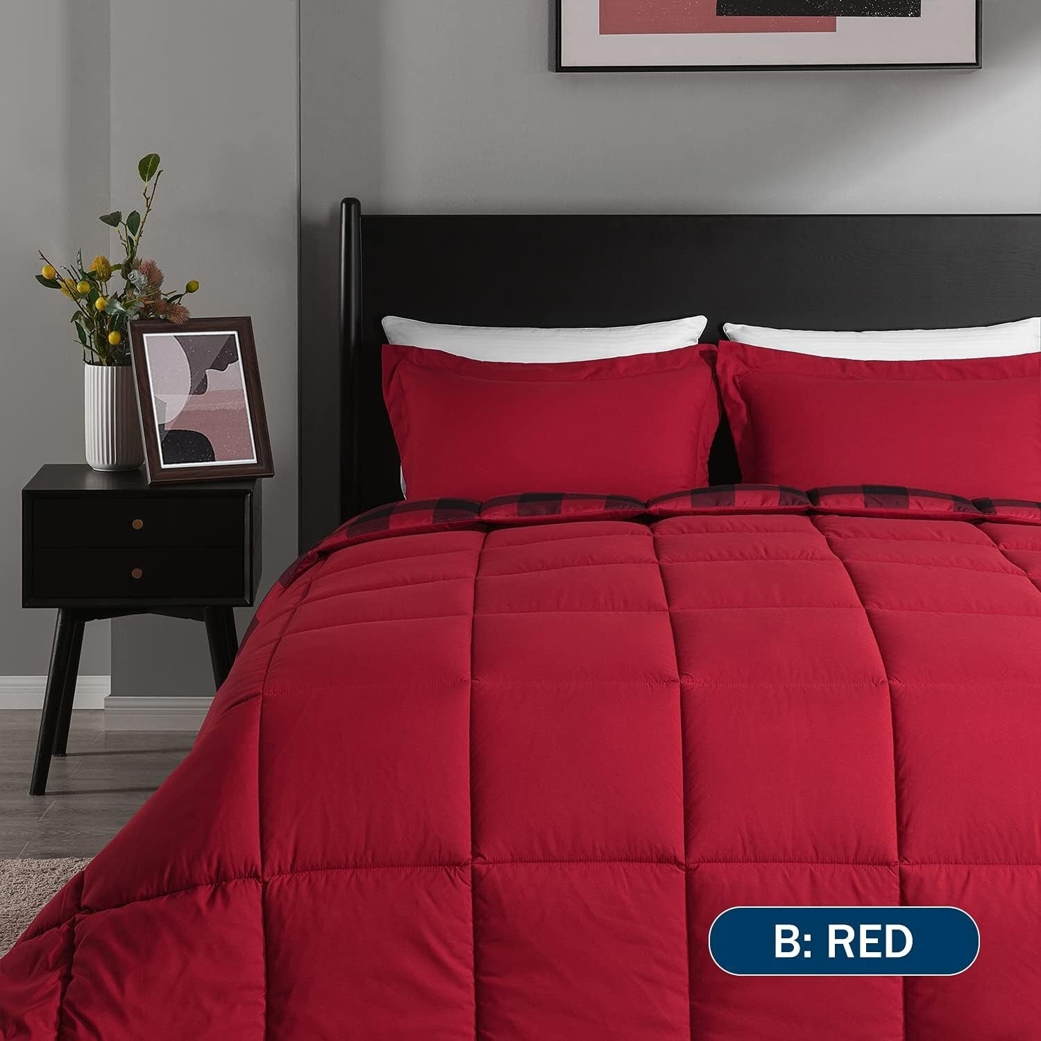 Durable and Soft King Size Comforter Set - Red/Black Plaid Pattern - 3 Pieces