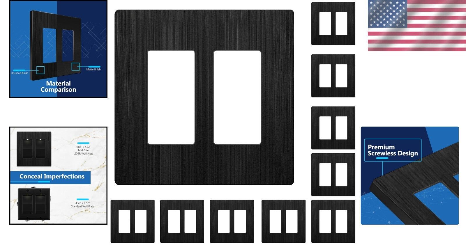 Brushed Black Screwless Double Decorator Wall Plate - 10 Pack, Modern Elegance
